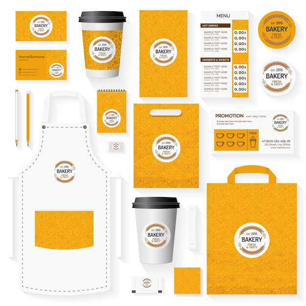 bakery corporate identity template set with logo consisting of two spica for loaf store, bread house, cupcake firm, food market, cafe. set of card, flyer, menu, package, uniform.
