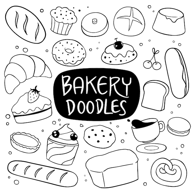 Doodle disegnato a mano di panetteria e dessert