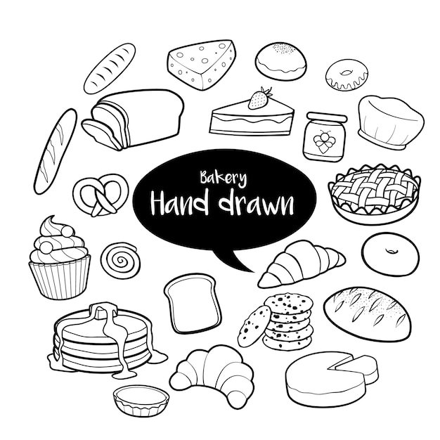 Bakery and dessert hand drawn doodles set