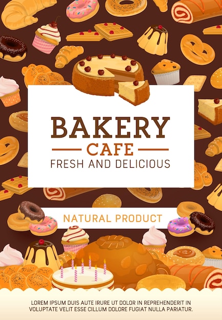 Vector bakery desserts and cafe patisserie cakes poster