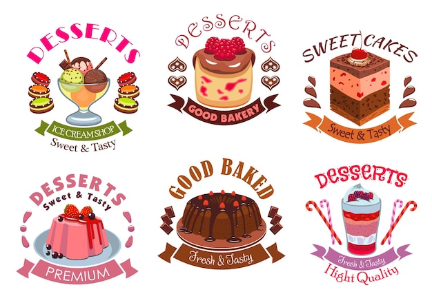 Vector bakery desserts pastry cakes emblem labels set