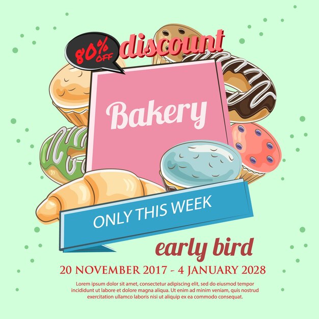 Vector bakery discount poster template in hand drawn style