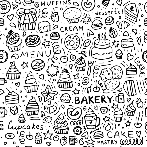 Modello senza cuciture di doodle di panetteria dessert muffin cupcakes e torte set in bianco e nero di pasticceria