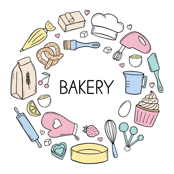 Vector bakery doodle set cooking elements mixer butter flour spoon whisk in sketch style