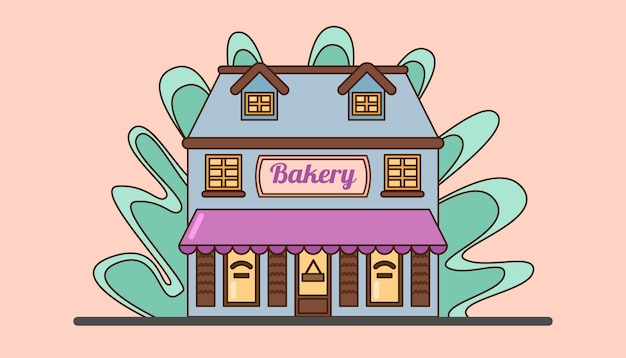 パン屋の正面 甘いものの展示 ケーキとパン フラットベクトル
