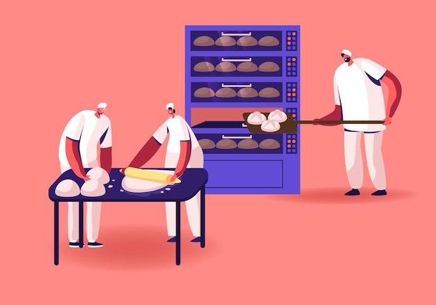 Vector bakery factory and food production concept. cartoon flat illustration