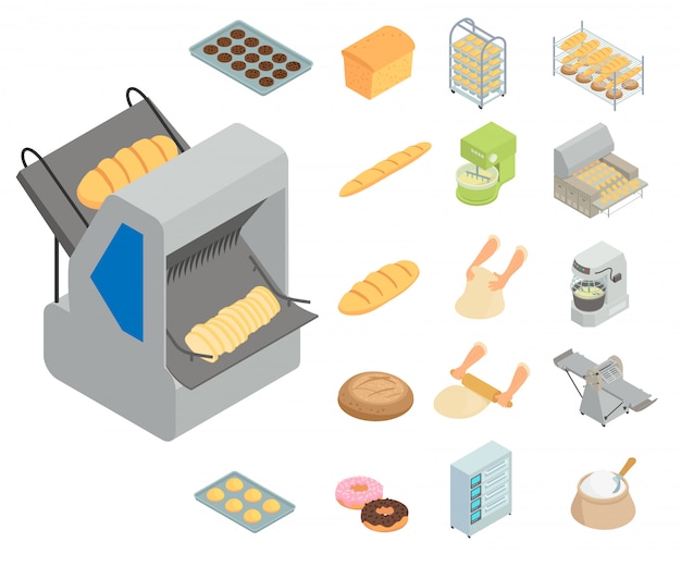 Set di icone di fabbrica di panetteria. insieme isometrico delle icone di vettore di fabbrica di panetteria isolato su priorità bassa bianca
