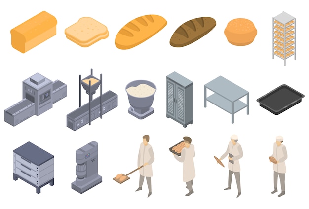 Vector bakery factory icons set, isometric style