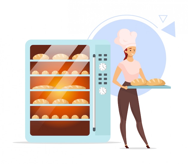 Illustrazione di colore piatto di panetteria. panettiere femminile accanto al forno. prodotti da forno.