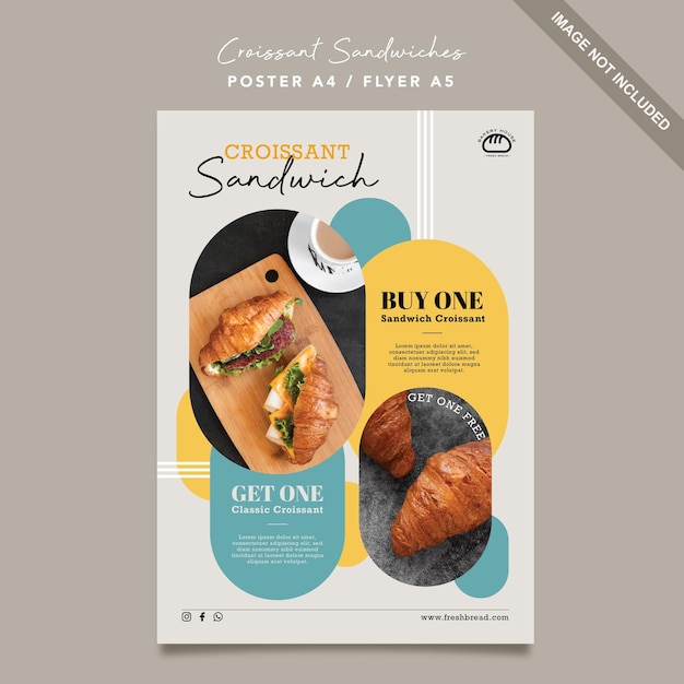 Vector bakery flyer and poster template with croissant sandwich design