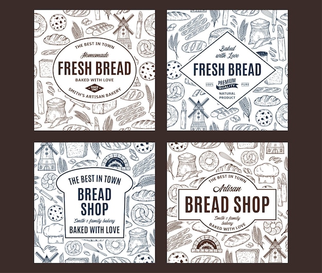 Bakery hand drawn posters Bread labels design templates