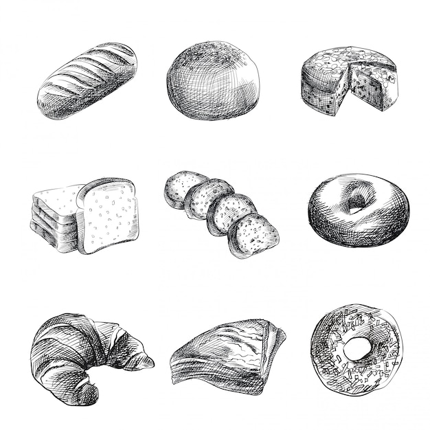 Schizzi disegnati a mano da forno, pane, cornetto, cracker, bagel