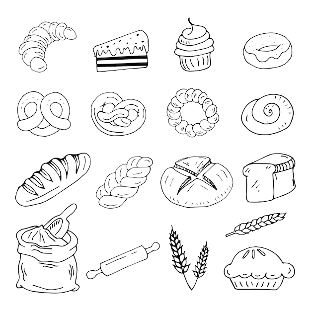 bakery hand drawn vector illustration objects set