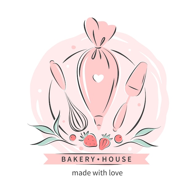Пекарня дом. набор инструментов для изготовления тортов, печенья и пирожных. логотип для кондитерской или пекарни.