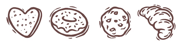 Vettore icona della panetteria prodotti da forno in stile doodle croissant con ciambella con biscotti