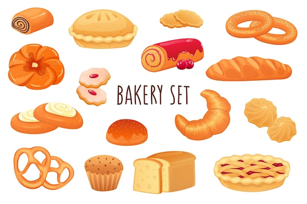 Набор иконок пекарни в реалистичном 3D-дизайне Пачка сладких булочек, пирога, печенья, кексов, круассанов