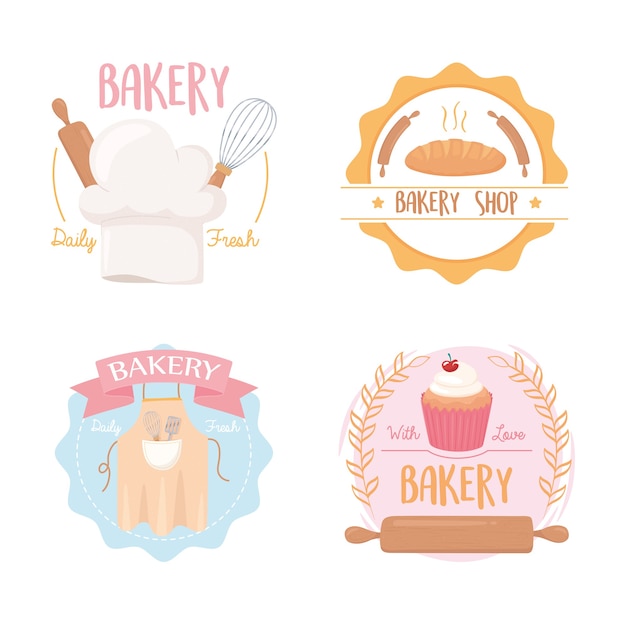 Bakery icons badge rolling pin hat apron cupcake