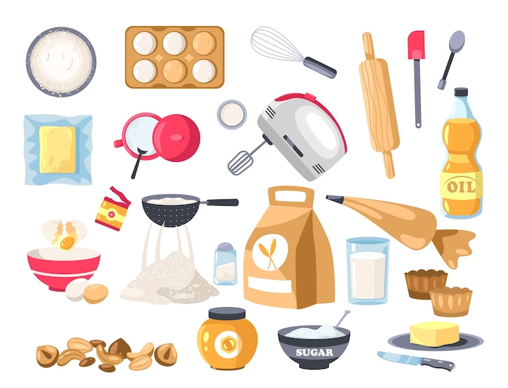 Vector bakery ingredients cartoon flour sugar and eggs with utensils for baking desserts flat food packaging design vector food set of bakery flour to cooking milk and butter illustration
