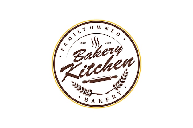 Bakery kitchen logo design with rolling pin cake bake icon vintage badge food drink