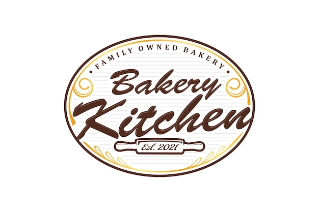 Panetteria cucina mattarello logo design torta cucina ristorante fatto a mano vettore forma ovale