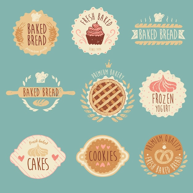 bakery labels set, baked bread, vintage illustration, engraved retro style