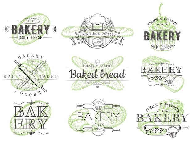 Логотип пекарни, значок, этикетка, набор эмблем. Векторная иллюстрация в стиле ретро. Выпеченный хлеб, ежедневная свежая выпечка, винтажная типография булочной.