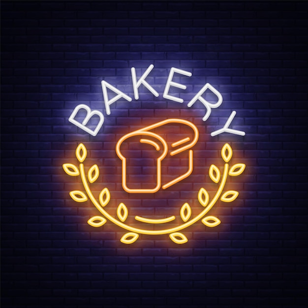 Bakery logo is a neon sign Vector illustration on the topic of fresh pastries Neon symbol