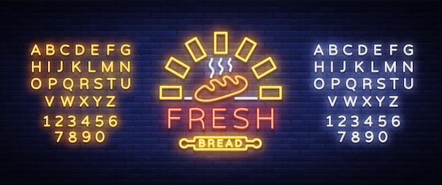 Vettore il logo della panetteria è un'insegna al neon illustrazione vettoriale sul tema dei dolci freschi simbolo al neon