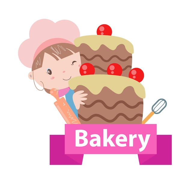 Bakery logo vector illustration with cute girl cartoon art