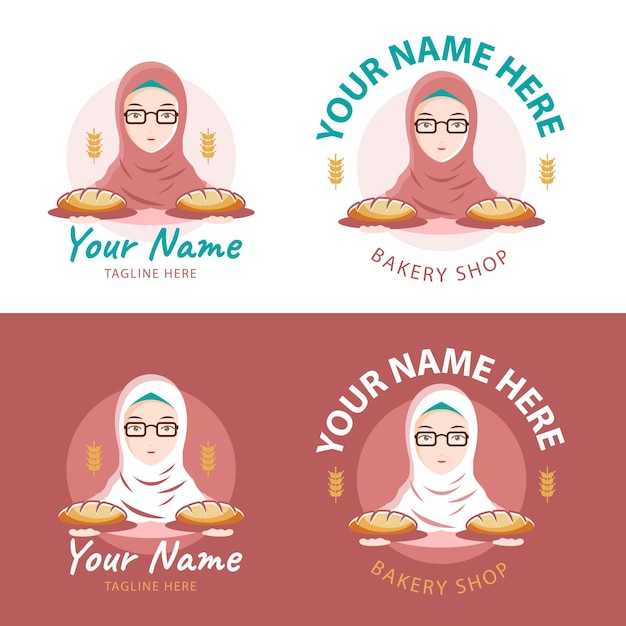 Vettore logo della panetteria con ragazza hijab come mascotte