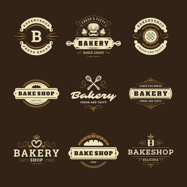 Шаблоны дизайна логотипов и значков пекарни устанавливают иллюстрацию