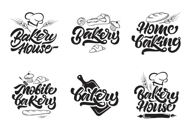 Logotipi di panetteria con cottura casalinga in stile lettering illustrazione vettoriale