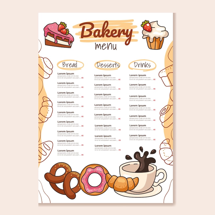 Vector bakery main menu template mock for cafe and restaurant design for print