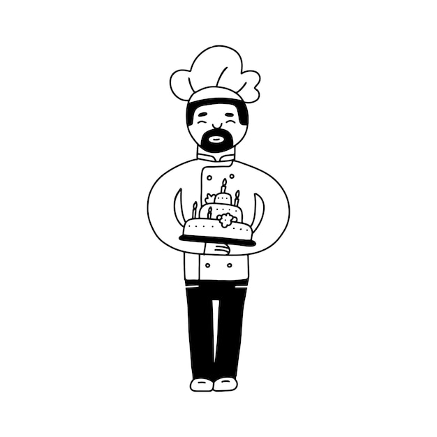 Vector bakery male character hand drawn doodle line vector illustration of chefcooker with a mustache