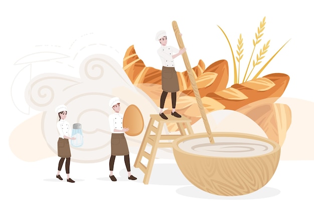 bakery manufacturer male and female chef cooking kneading the dough directly in the bow professional bakery cartoon character design flat vector illustration on white background
