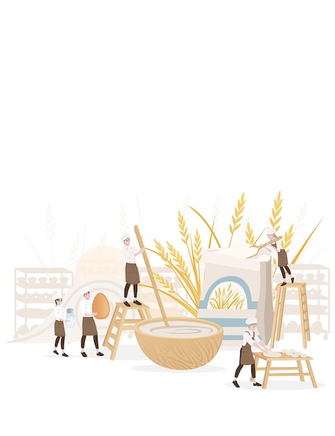 bakery manufacturer male and female chef cooking professional bakery cartoon character design flat vector illustration on white background
