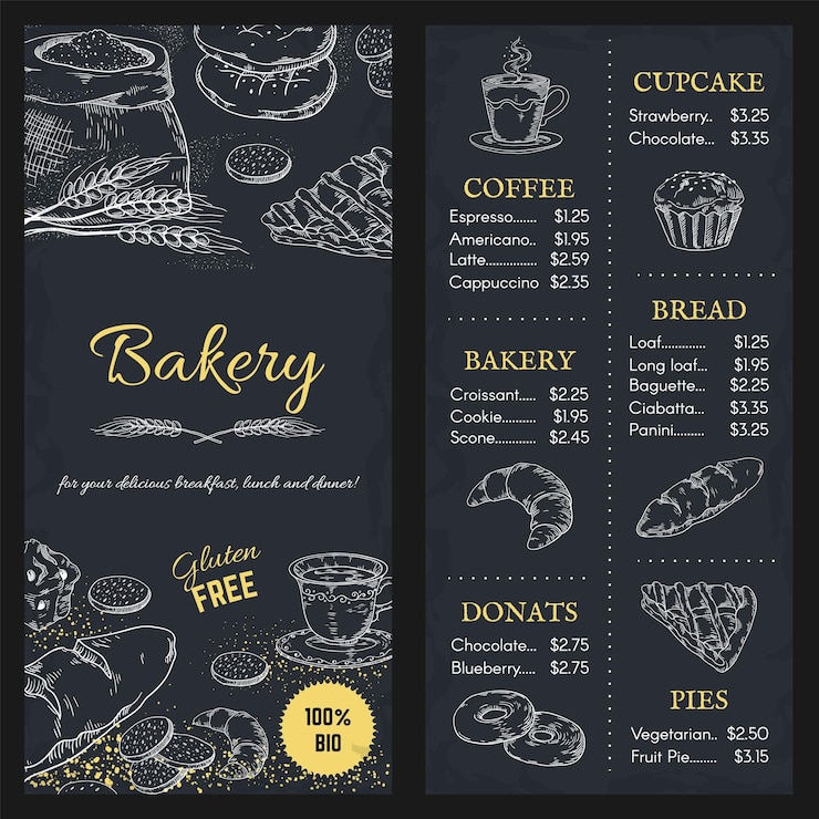 Vector bakery menu mockup hand drawn brochure of food with price cafe assortment gluten free meal cupcake and pie donut or bread on blackboard background vector template for restaurant