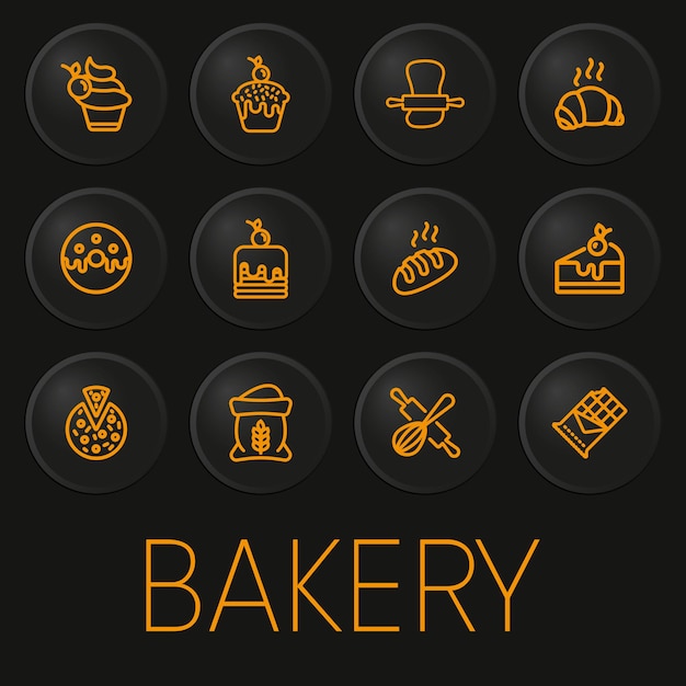 Vector bakery minimal vector line icon set on 3d button isolated on black background premium vector