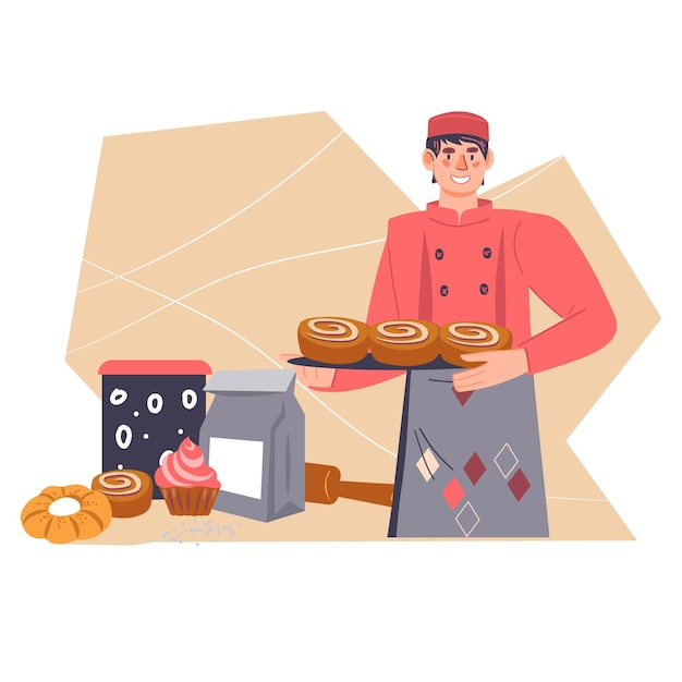 Вектор Баннер или этикетка пекарни или пекарни с пекарем, держащим свежеиспеченный хлеб, плоская векторная иллюстрация на белом фоне