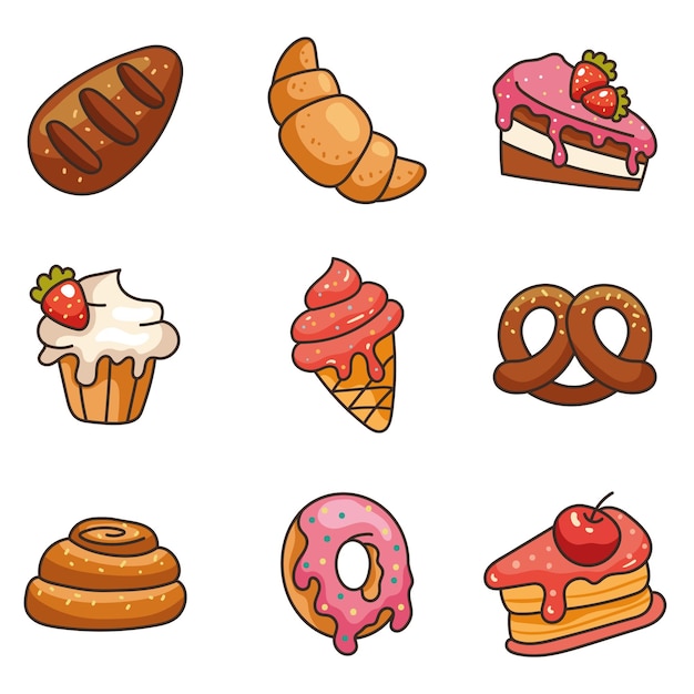 Bakery pastry sweet food line art isolated graphic design set cartoon design element