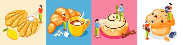 Bakery people isometric square set with pastry and cookies symbols isolated  illustration