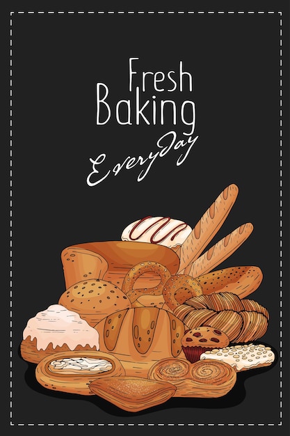 Vector bakery poster with hand drawn elements on a chalkboard background