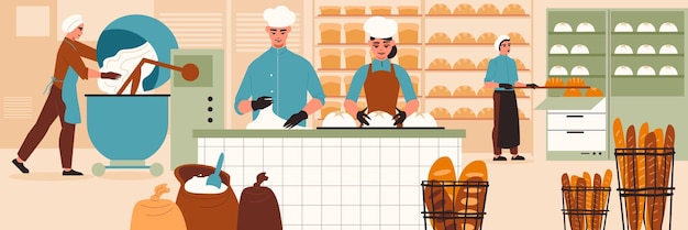 Vector bakery production colored composition bakery kitchen four bakers make bread and buns vector illustration