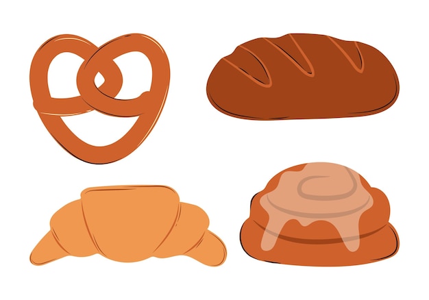 Bakery products bread croissant pretzel cinnamon roll vector flat Illustration Fresh bread