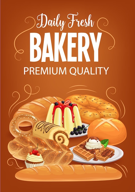 Vector bakery products  bread, sweet desserts and pastry.