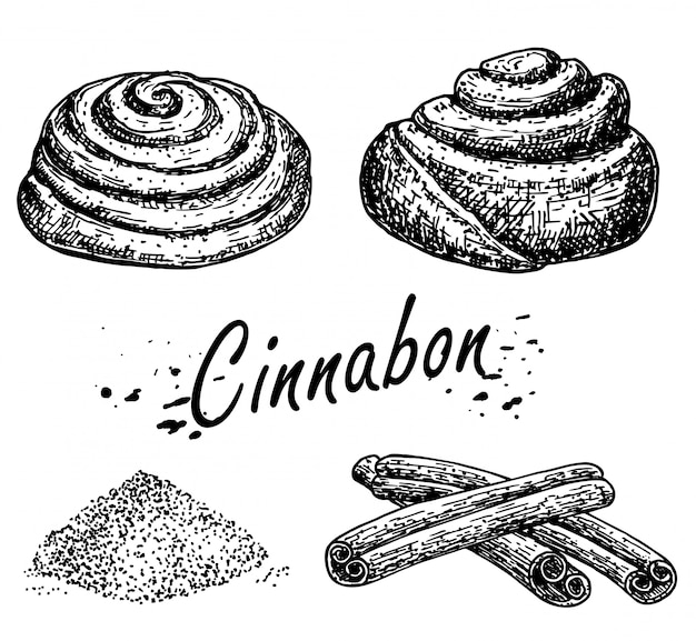 Bakery products. Cinnamon roll sketch. Cinnabon bun. Hand drawn sketch of Sweet cinnamon roll. Loaf of bread. Cinnamon sticks.