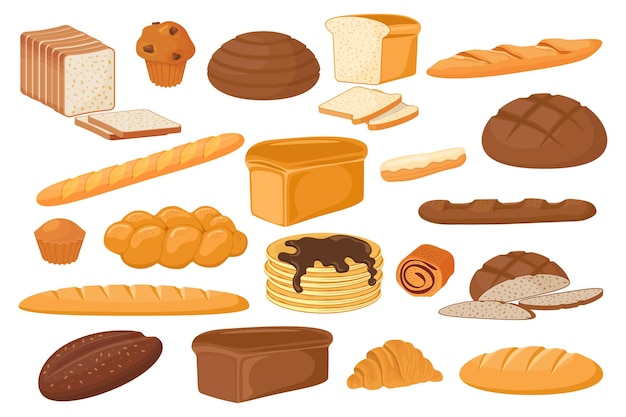 Vector bakery products confectionery products croissant and french baguette loaf of bread and pancake