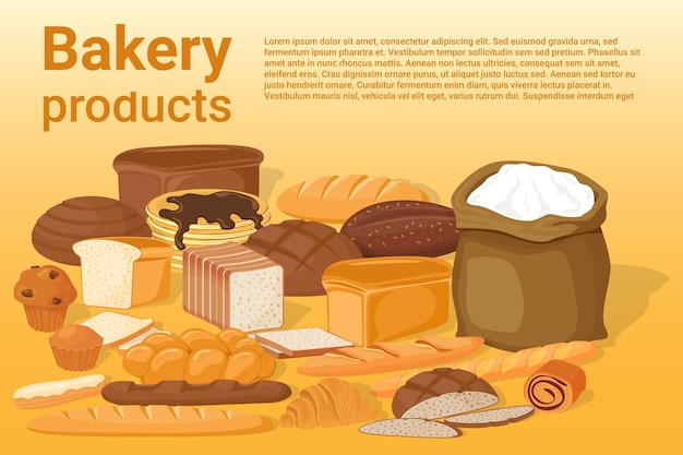 Bakery products confectionery products croissants and a french baguette a loaf of bread and  pancake