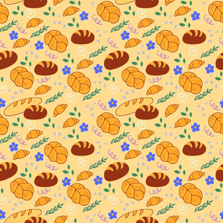 Vector bakery products, flowers and decorative elements in cartoon style seamless pattern