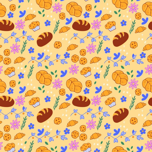 Bakery products, flowers and decorative elements in cartoon style seamless pattern